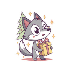A cartoon wolf holds a gift box, standing before a festive Christmas tree.