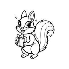 A squirrel holds a gift box, smiling with sparkling eyes and bushy tail.