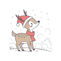 A deer wears a Santa hat and scarf, standing in snowy scenery.