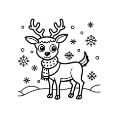 A cartoon reindeer stands in the snow wearing a polka-dotted scarf, surrounded by snowflakes, in a black and white illustration.