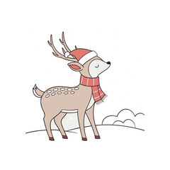 Illustration of a cute deer wearing a Santa hat and scarf, standing in a snowy landscape, with a whimsical and festive feel.
