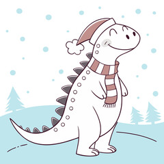 Cartoon dinosaur wearing a winter hat and scarf stands in a snowy landscape with trees, smiling happily.