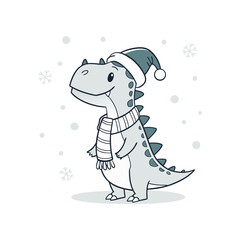 A dinosaur wears a Santa hat and scarf, surrounded by falling snowflakes.