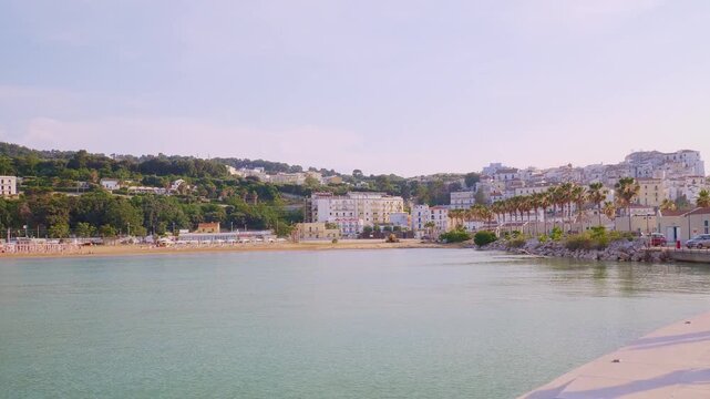 Panoramic view of Rodi Garganico, Italy, featuring a picturesque coastal town nestled against green hills. Palm trees line the shore, with colorful buildings ascending from the sea. Captures Mediterra