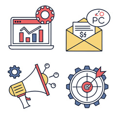 Set of Modern Media Icons Including Video, Music, Camera, and Social Media Symbols

