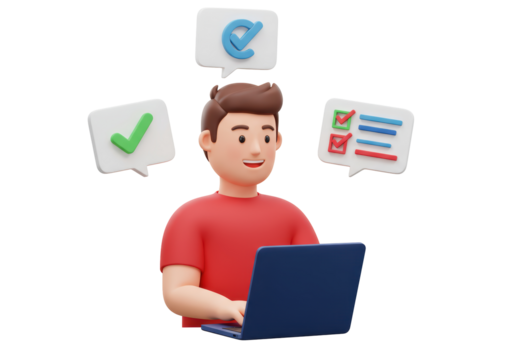 Isolated Man with Laptop and Thought Bubbles