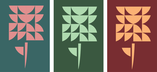 Floral card set in bauhaus style - 3 Color Variations