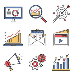 Set of Modern Media Icons Including Video, Music, Camera, and Social Media Symbols

