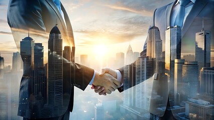 Double exposure image of business people handshake on city office building in background showing partnership success of business deal, Double Exposure Image of Business and Finance,
