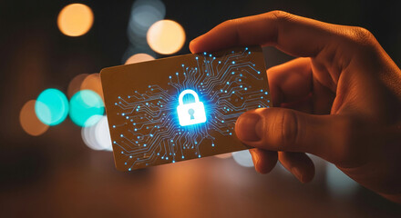 Hand holding card with glowing padlock and circuit design, symbolizing digital security and data protection, ideal for online safety or technology concepts