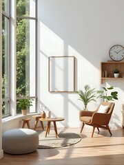 neutral cozy home interior, mid-century modern style, sunlight through window, scandinavian aesthetics, decorative vases, framed wall art