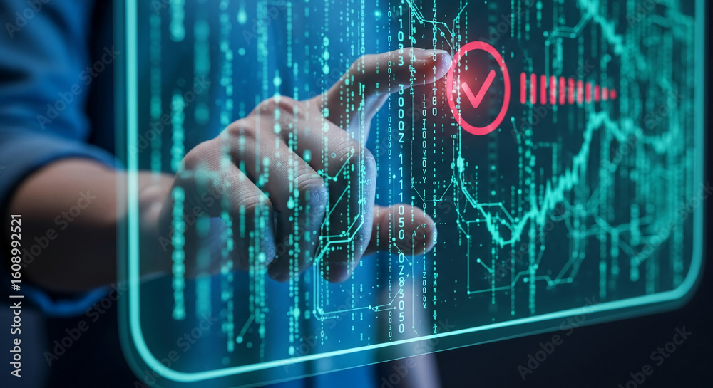 Canvas Prints hand interacting with a digital interface, showcasing a glowing green verification checkmark, symbol