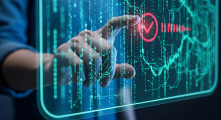 Hand interacting with a digital interface, showcasing a glowing green verification checkmark, symbolizing digital confirmation, security, and technological progress