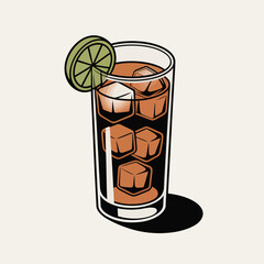Isometric Vector Illustration of a Highball Glass Filled with Brown Liquid Ice Cubes and Lime Wedge