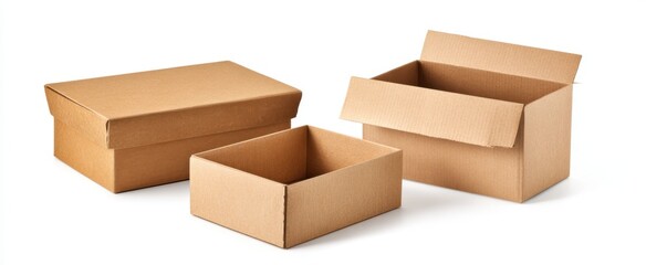 Fototapeta premium Three simple cardboard boxes, one closed, two open, sit on a white background, suggesting packaging, storage, or a blank canvas for creativity and