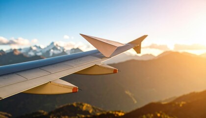 Airplane Wing Over Golden Hour Mountain Range