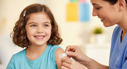 Smiling girl receiving bandage after vaccination, showcasing healthcare, childhood, and well-being.  Image depicts trust and care