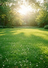 Obraz premium Lush Meadow with White Clover Blossoms in Golden Sunlight