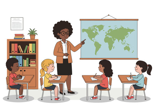 A Black female teacher points to a world map during a geography lesson for diverse young students.