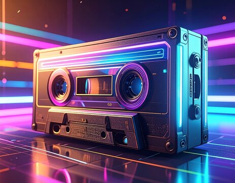 Retro Cassette Tape in Neon Cyberpunk Style, Reflective Surface