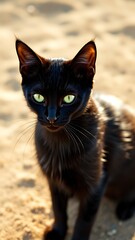 Photo of a striking black cat with luminous green eyes sits on a sandy surface in warm sunlight