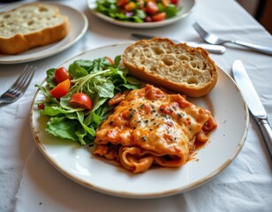 a dinner table set with lasagna garlic bread processed cheese and salty salad dressing typical sodium heavy meal