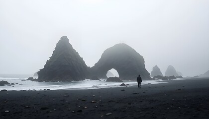 Coastal Rock Formation Amid Fog and Dark Base
