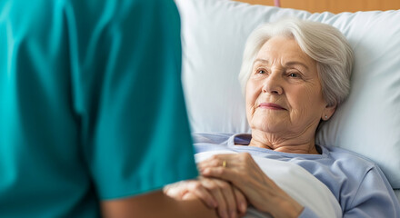 Fototapeta premium Close-up of elderly woman in hospital bed, hand held by caregiver, conveying care and compassion, representative of healthcare and elderly care