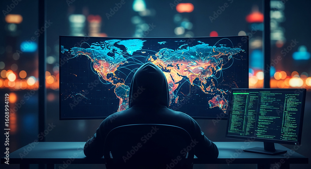 Poster hooded figure sits before large monitors displaying world map and code, symbolizing global cybersecu