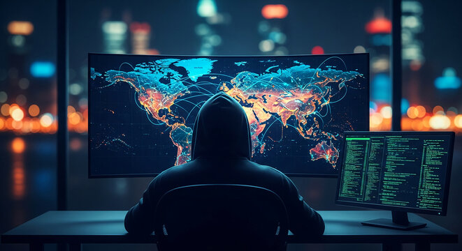 Hooded figure sits before large monitors displaying world map and code, symbolizing global cybersecurity, data analysis, or hacking - Powered by Adobe