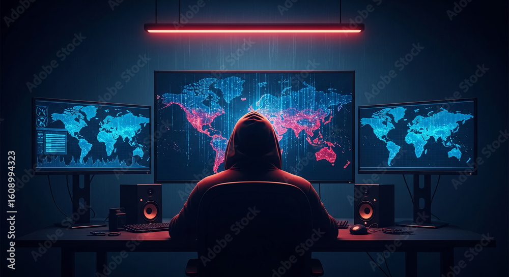Poster hooded figure sits before three monitors displaying world map data, illustrating global network surv