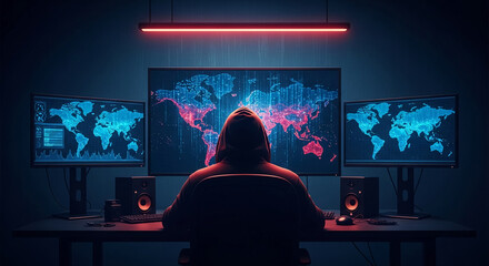 Hooded figure sits before three monitors displaying world map data, illustrating global network surveillance or hacking concept