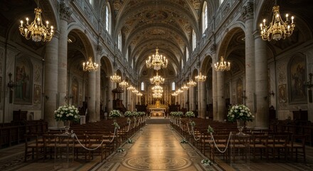 church interior with floral arrangements for a ceremony.