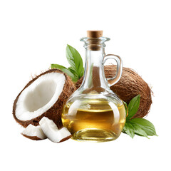 Fresh Coconut Oil in Glass Bottle with Coconuts and Leaves
