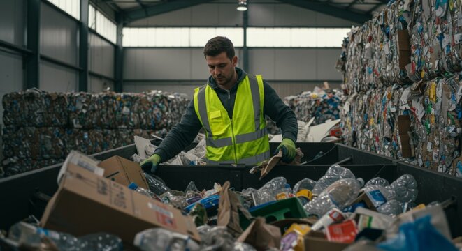 Worker sorting waste at recycling plant indoors