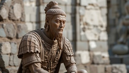 Thoughtful Clay Warrior Statue Seated Calmly
