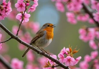 Fototapeta premium European Robin Singing Amidst Pink Cherry Blossoms
