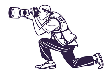Professional photographer captures a moment while kneeling with a large telephoto lens and vest