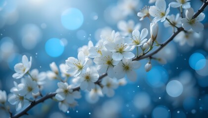 White Blossoms with Glowing Blue Bokeh
