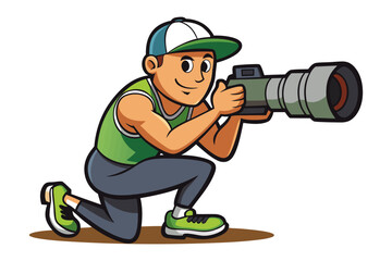 Cartoon photographer capturing a moment with a large professional camera while kneeling