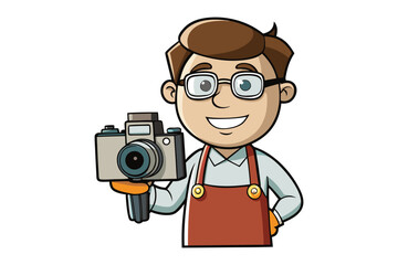 Friendly cartoon man with glasses holding a vintage camera ready to capture memories