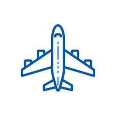
Minimal line logo of a plane, a vector graphic outline icon on a white background. A simple design with a blue accent color, using basic shapes in a flat, low-detail style with thick lines.