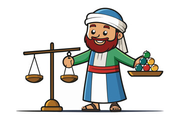 A cheerful bearded man in traditional middle eastern attire holds a scale and a bowl of colorful fruits and vegetables symbolizing fairness and abundance