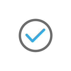 
Minimalistic vector icon of a checkmark in a circle, in blue and grey colors on a white background. Simple shapes and clean lines, with high resolution.