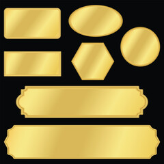 Gold label banner, Blank golden nameplate plaque with decorative edges and screw holes. Empty metallic label for signage, awards, door signs. golden name plates. Different golden temples illustration.