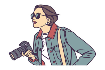 Stylish young woman with short hair and sunglasses holding a professional camera and looking away
