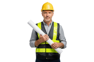 Professional construction engineer in a safety vest holding blueprints