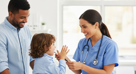 Smiling female doctor examining child, parent present, showcasing healthcare, trust, and wellbeing