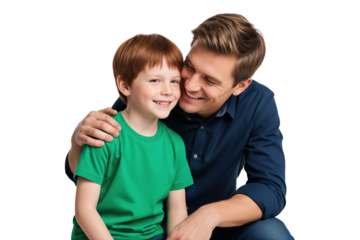 Smiling Caucasian father and his young son embracing affectionately