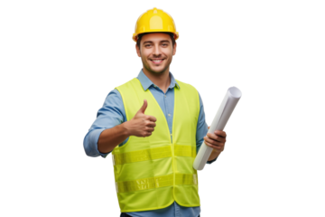 Cheerful construction engineer in a hard hat and safety vest holding blueprints and giving a thumbs-up